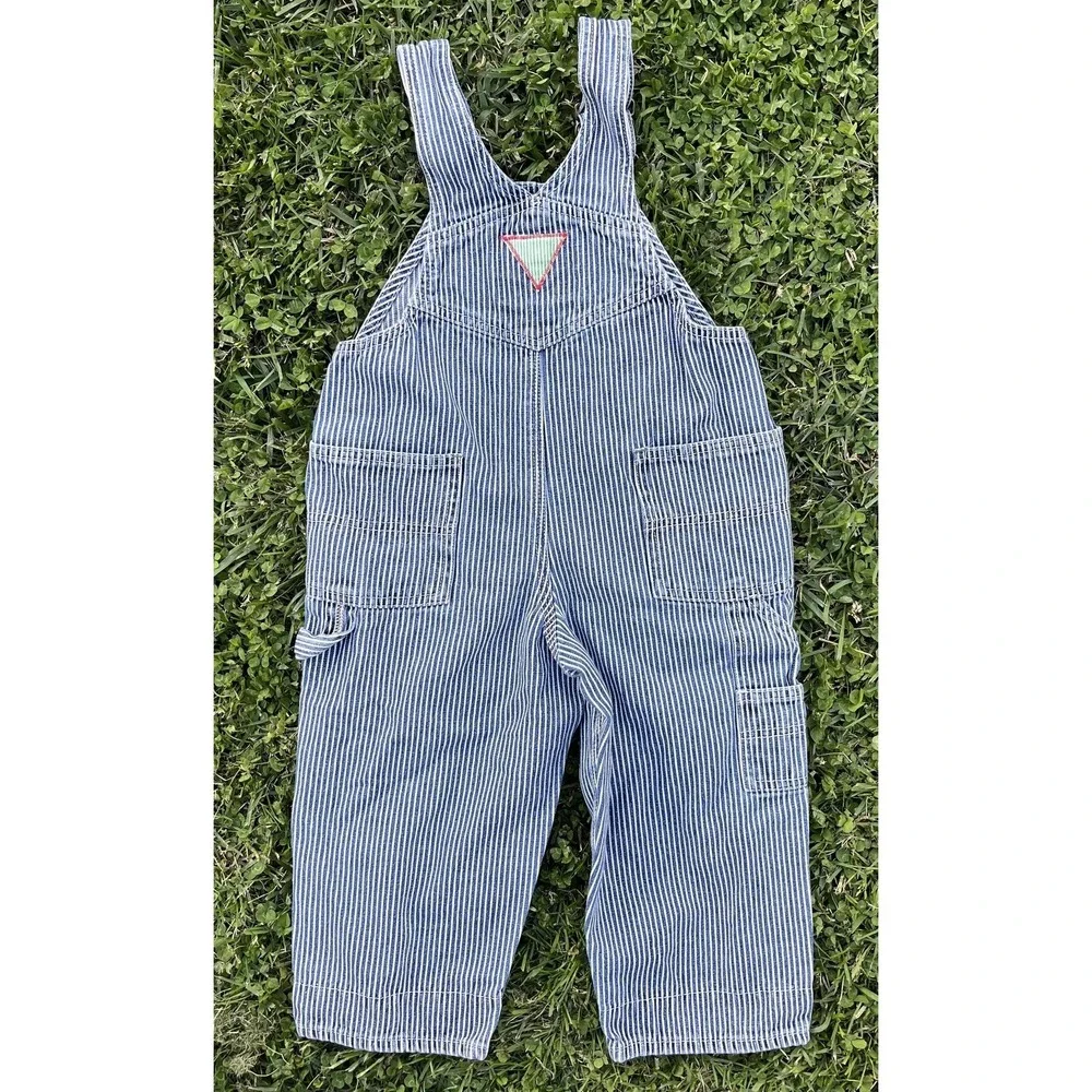 Vintage Tracey Designs Overalls Kids 3 Striped Denim Train Applique Engineer